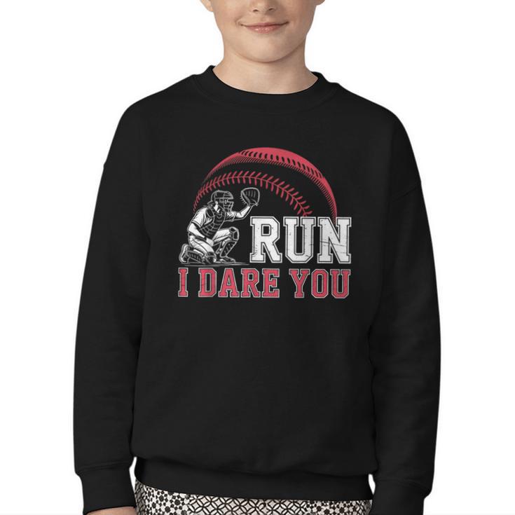 Vintage Humor Baseball Apparel Run I Dare You Youth Crewneck Sweatshirt