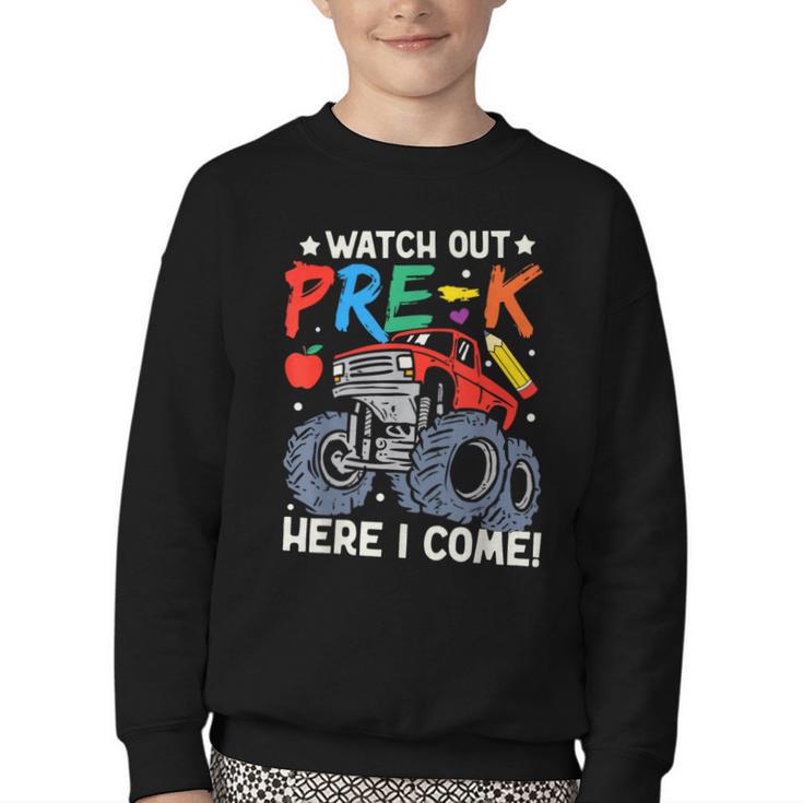 Watch Out Pre-K Here I Come Monster Truck Back To School Youth Crewneck Sweatshirt