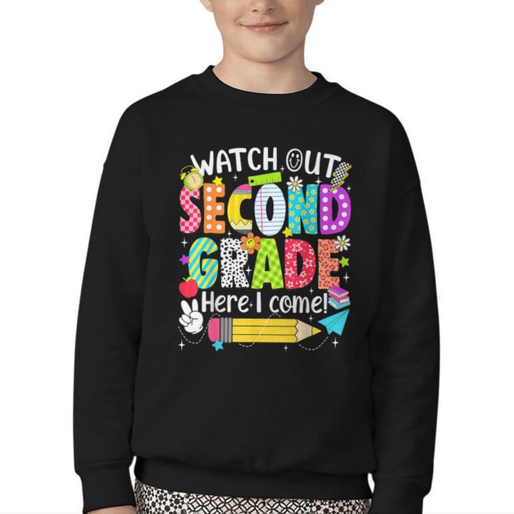 Watch Out Second Grade Here I Come Back To School Boys Girls Youth Crewneck Sweatshirt