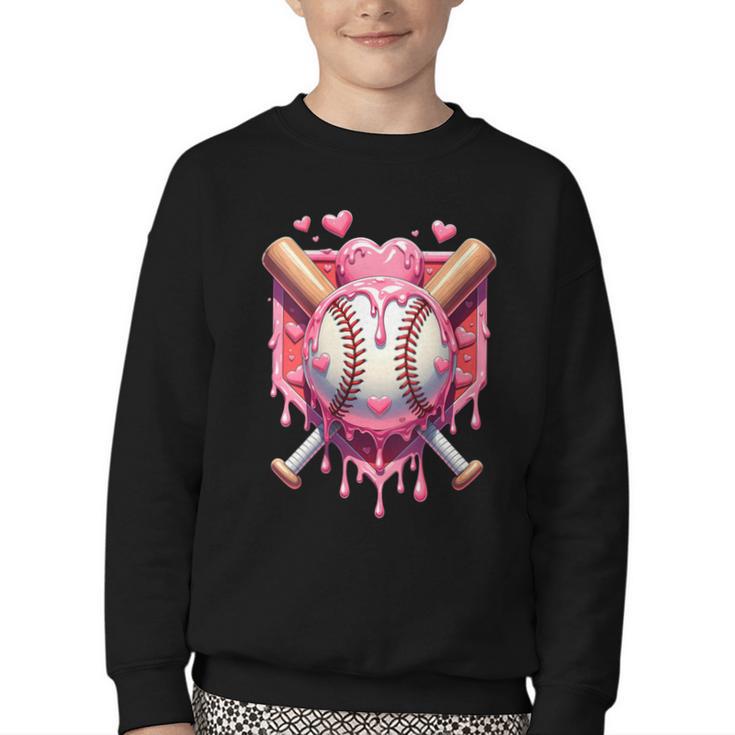 Women's Valentines Day Baseball Boys Ice Cream Drip Heart Youth Kids Youth Crewneck Sweatshirt