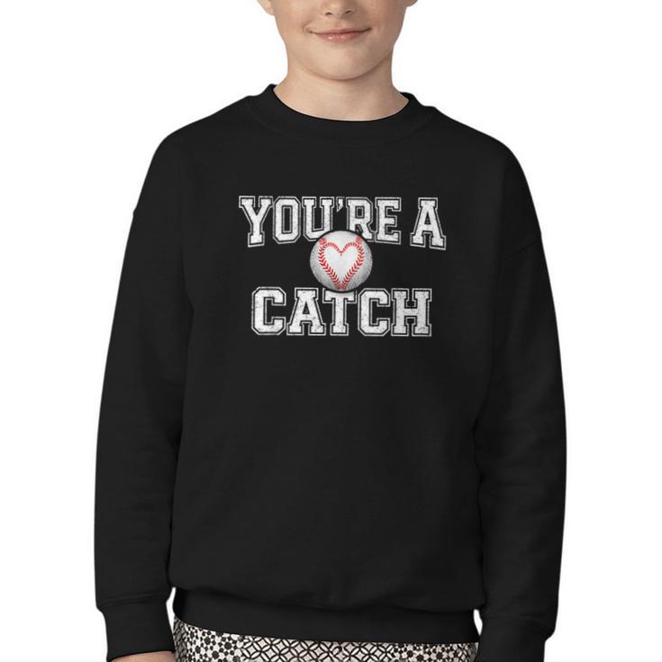 You'Re A Catch Baseball Pun Heart Kids Boys Valentines Youth Crewneck Sweatshirt