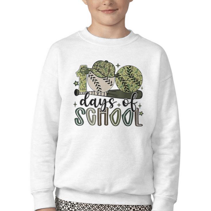 100 Days Of School Baseball Camo Cap Kids Boys 100th Day Youth Crewneck Sweatshirt