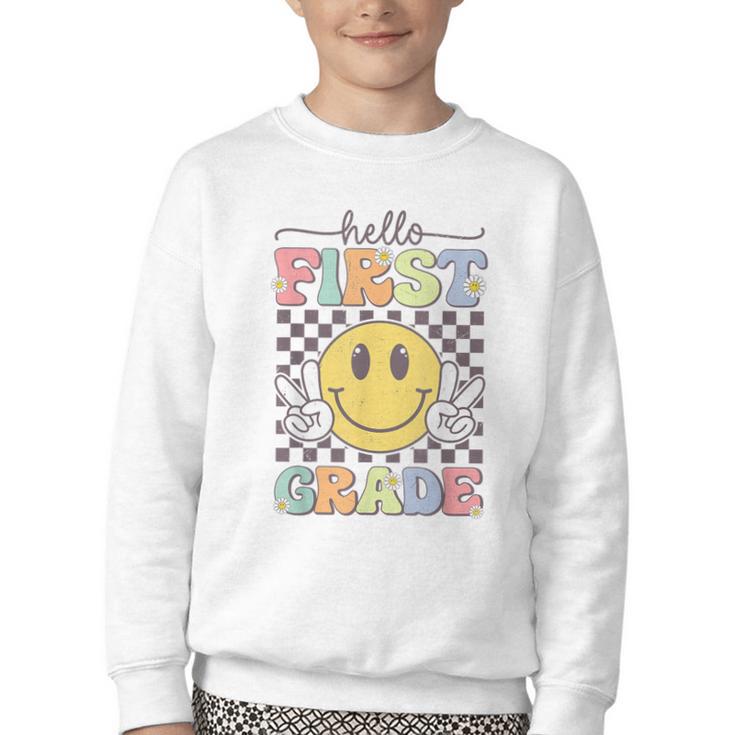 1st Grade Team Back To School Hello First Grade Smile Face Youth Crewneck Sweatshirt