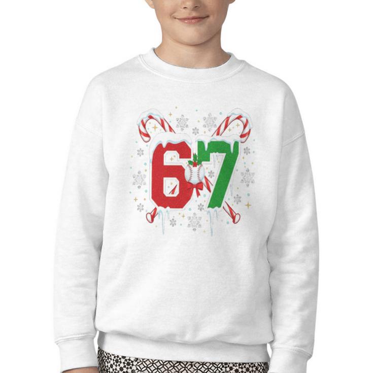 67 Baseball Christmas Candy Cane Snowflake Holiday Sports Youth Crewneck Sweatshirt