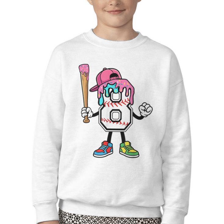 8th Birthday Baseball Ice-Cream Drip 8 Years Old Boys Girls Youth Crewneck Sweatshirt