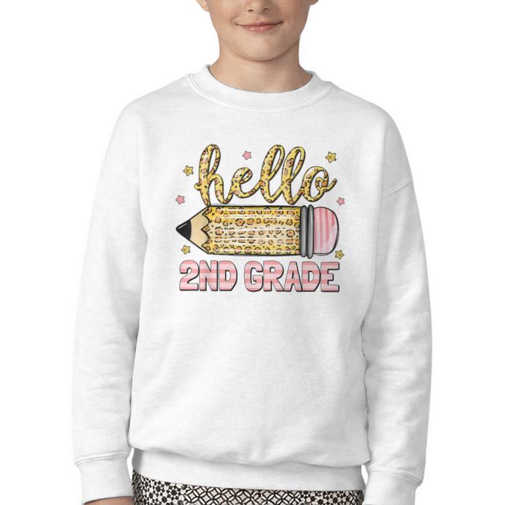 Back To School Hello Second 2nd Grade Leopard Pencil Girl Youth Crewneck Sweatshirt