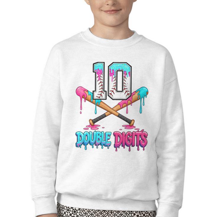 Baseball 10 Year Old Ice Cream Drip 10th Bday Double Digits Youth Crewneck Sweatshirt