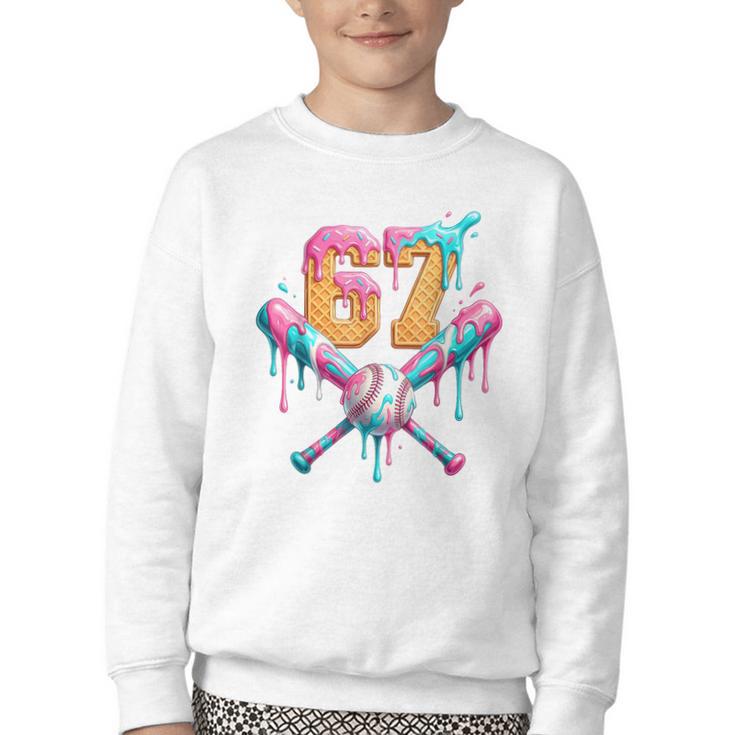 Baseball Drip 67 Six Seven Number 67 Player 67th Birthday Youth Crewneck Sweatshirt