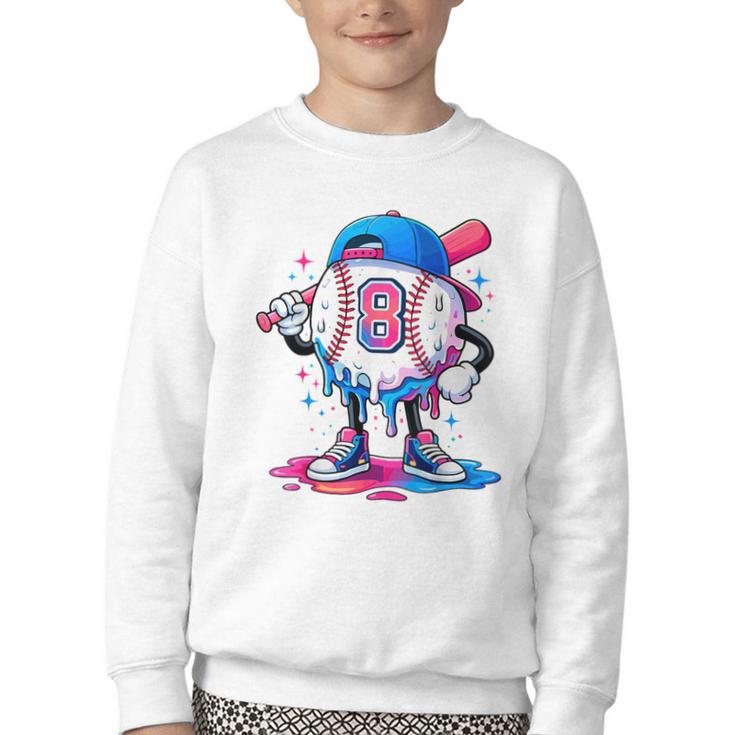 Baseball Drip 8th 8 Year Old Birthday Boys Pitcher Player Youth Crewneck Sweatshirt