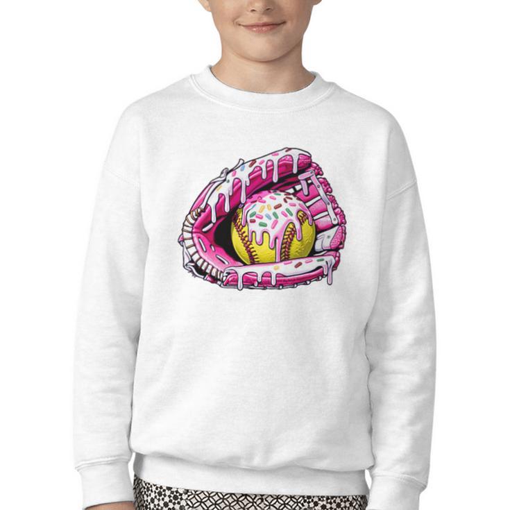 Baseball Glove Drip Shirt Ice Cream Dripping Girls Pocket Premium Youth Crewneck Sweatshirt