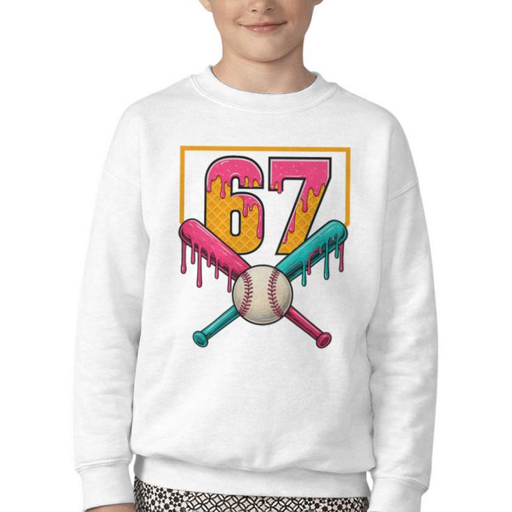 Baseball Ice Cream Drip Number 67 Player 67th Birthday Premium Tri-Blend Youth Crewneck Sweatshirt