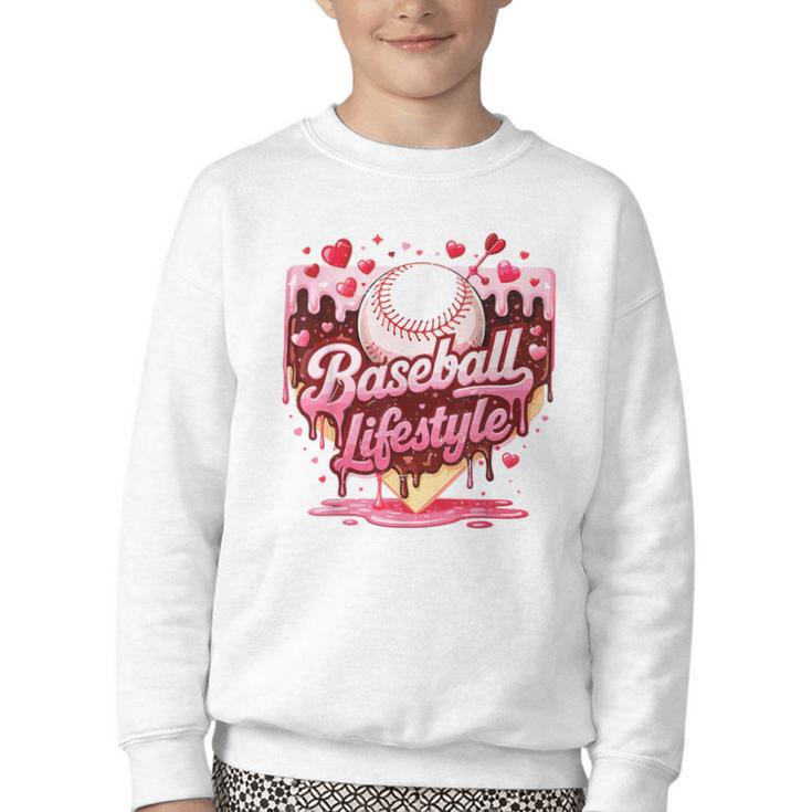 Boys Valentine Baseball Lifestyle Home Plate Ice-Cream Drip Youth Crewneck Sweatshirt