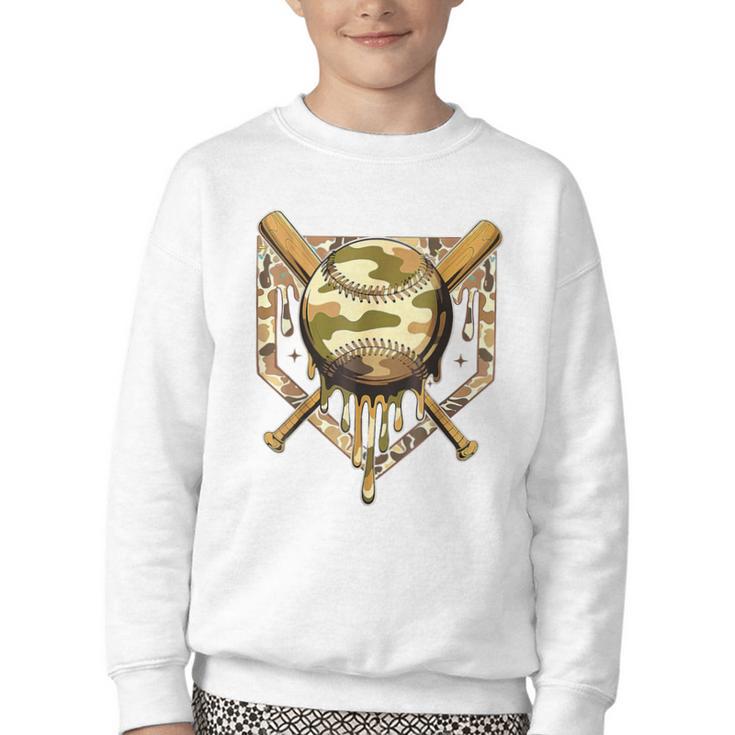 Camo Baseball Dripping Military Camouflage Sports Men Boy Youth Crewneck Sweatshirt