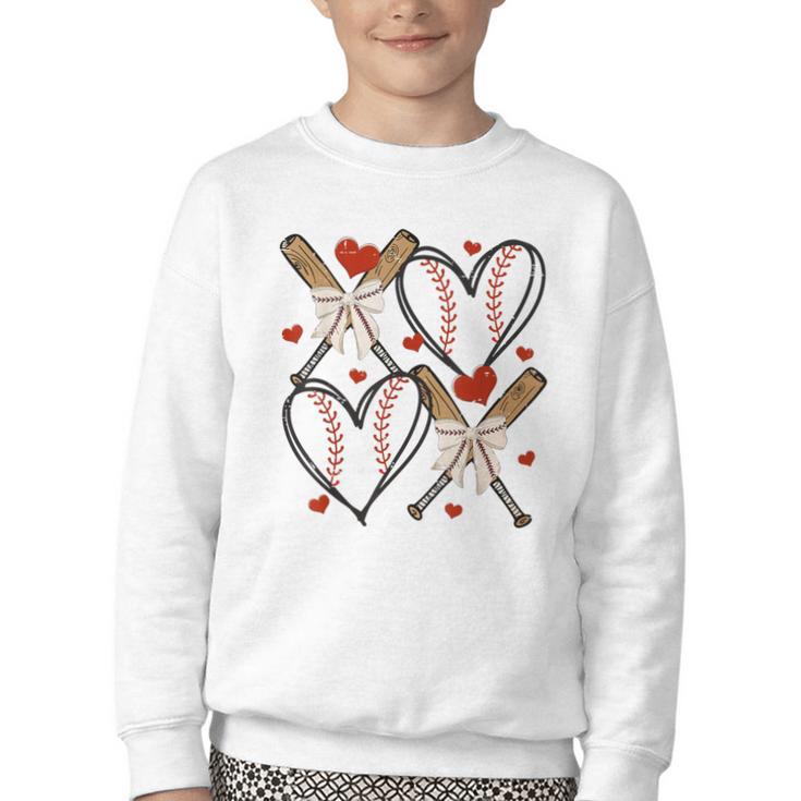 Coquette Bow XOXO Baseball Lover Heart Valentine Game Day Youth Crewneck Sweatshirt