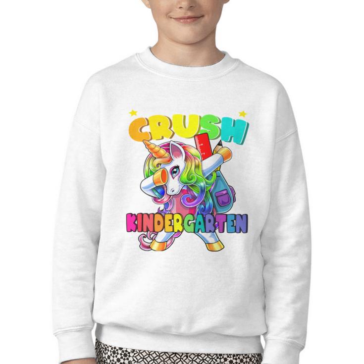 Crush Kindergarten Dabbing Unicorn Back To School Girls Performance Youth Crewneck Sweatshirt