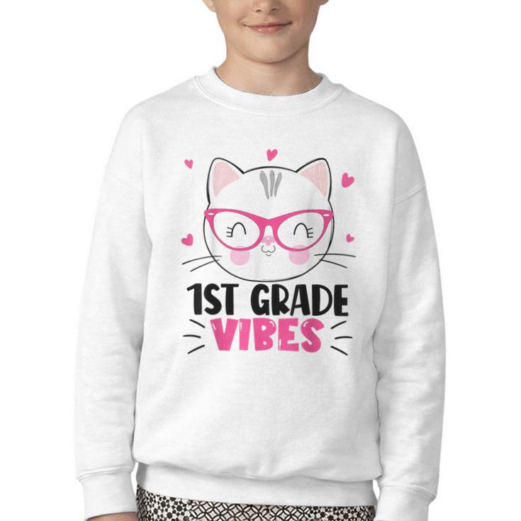 Cute 1st Grade Vibes Cat Kitten Lover Back To School Girls Youth Crewneck Sweatshirt