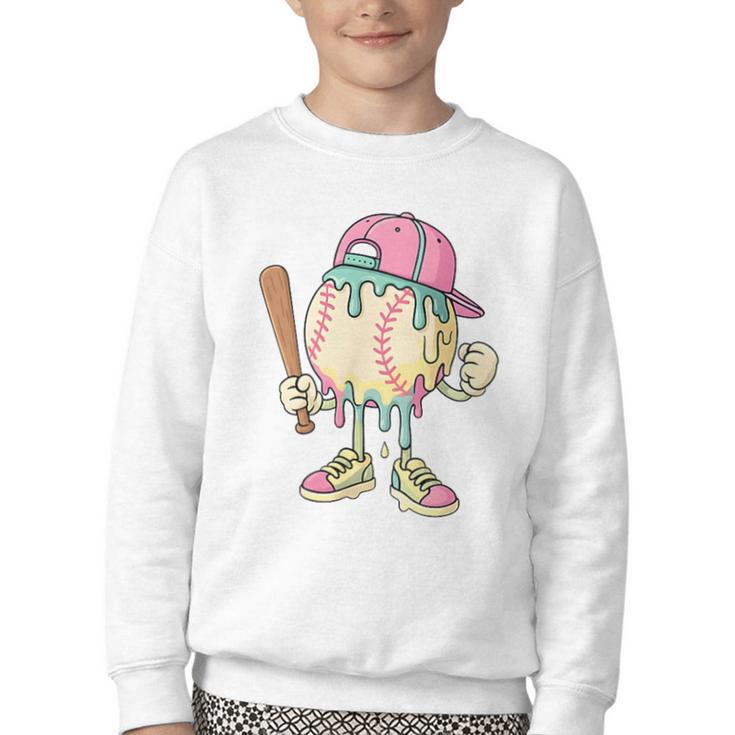 Cute Baseball Ice Cream Drip For Girls & Boys 2 Sides Youth Crewneck Sweatshirt