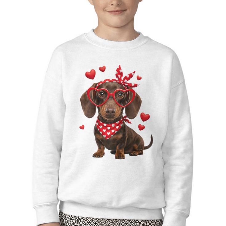 Dachshund Valentines Day Wiener Dog Lover Weenie Heart Raglan Baseball Tee Youth Crewneck Sweatshirt