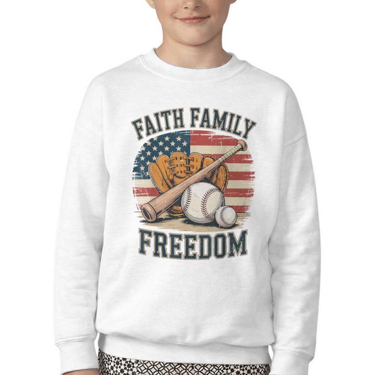 Faith Family Freedom Patriotic Christian Baseball Game Day Youth Crewneck Sweatshirt