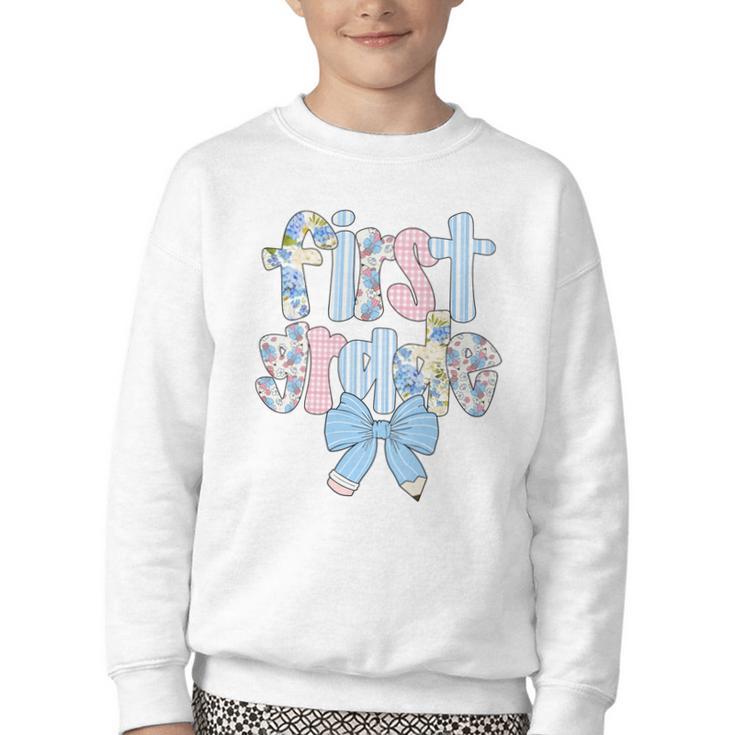First Grade Coquette Bow Pencil First Day Back To School Performance Youth Crewneck Sweatshirt
