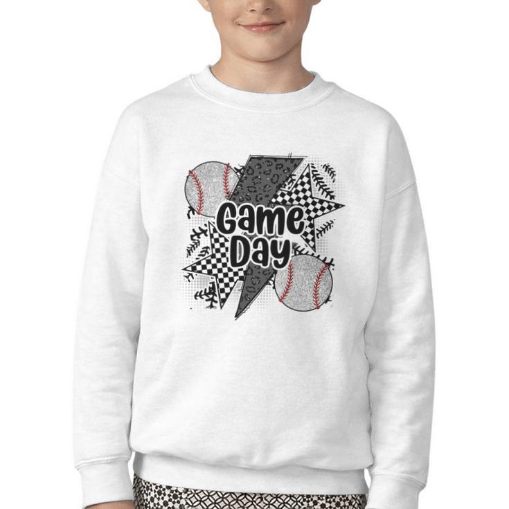 Game Day Baseball Retro Checkered Baseball Youth Crewneck Sweatshirt