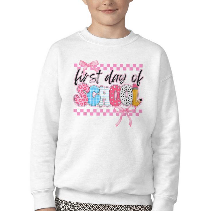 Girl First Day Of School Coquette Bow Pink Back To School Youth Crewneck Sweatshirt