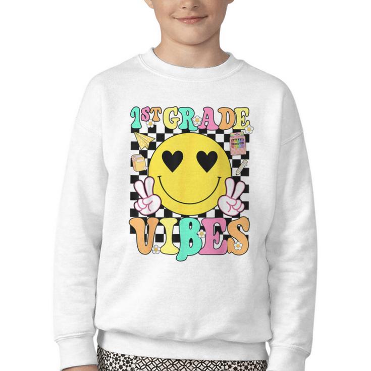 Girls 1st Grade Vibes Smile Face Back To School First Grade Youth Crewneck Sweatshirt