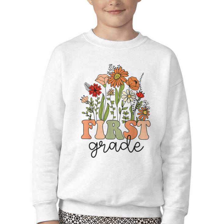Groovy First Grade Wildflowers Back To School 1st Grade Youth Crewneck Sweatshirt