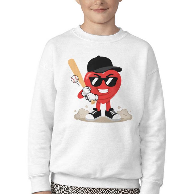 Heart Playing Baseball Valentine Baseball Youth Crewneck Sweatshirt
