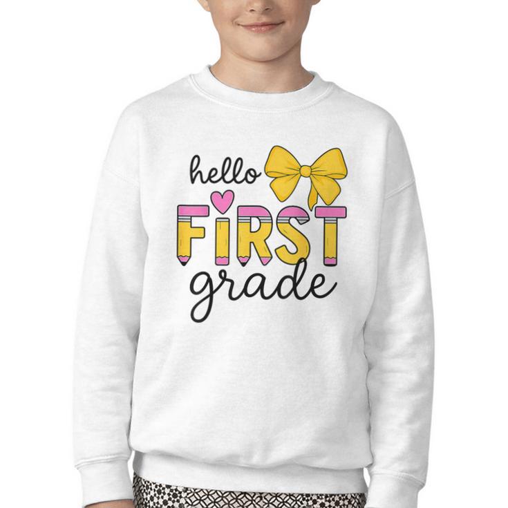 Hello First Grade For Girls Boys Cute Back To School Pencil Youth Crewneck Sweatshirt