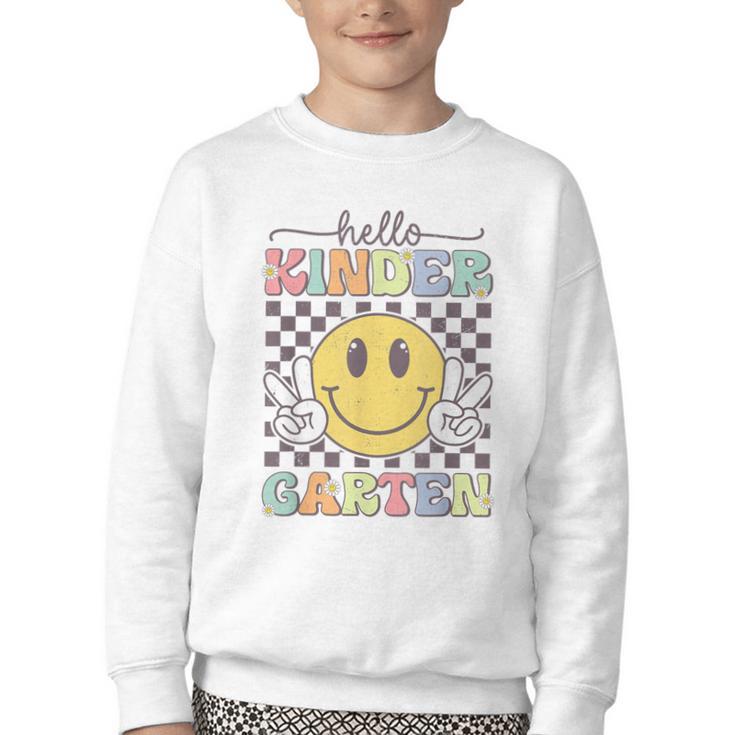 Hello Kindergarten Hippie Smile Face Back To School Youth Crewneck Sweatshirt