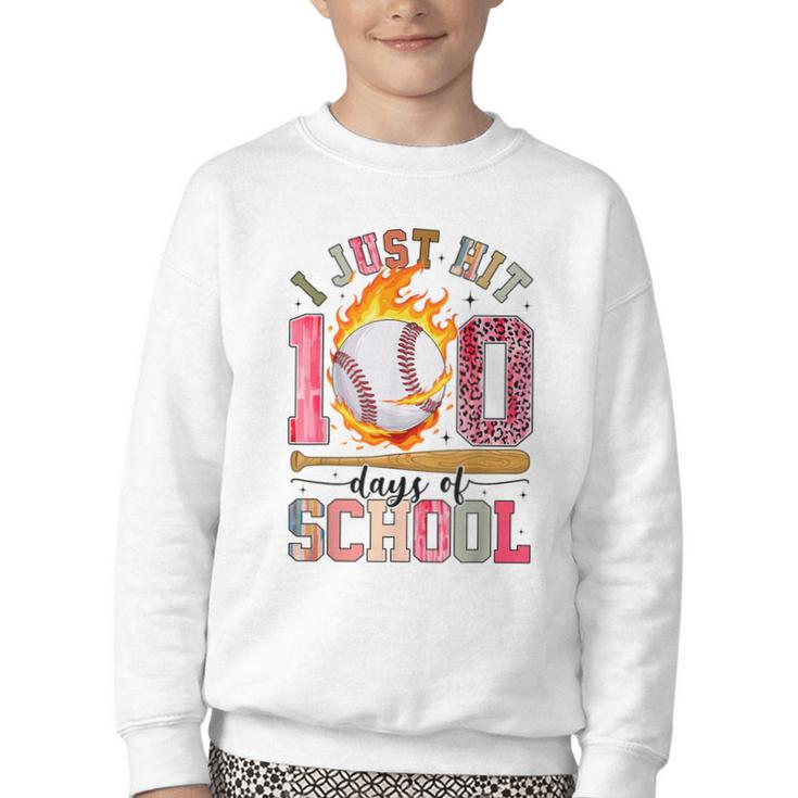 I Just Hit 100 Days Of School Baseball Lovers Fans Boys Kids Youth Crewneck Sweatshirt