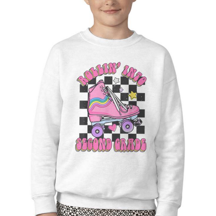 Kids Back To School Skating Rollin Into Second 2nd Grade Youth Crewneck Sweatshirt