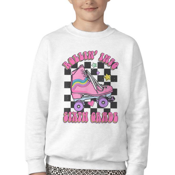 Kids Back To School Skating Rollin Into Sixth 6th Grade Youth Crewneck Sweatshirt