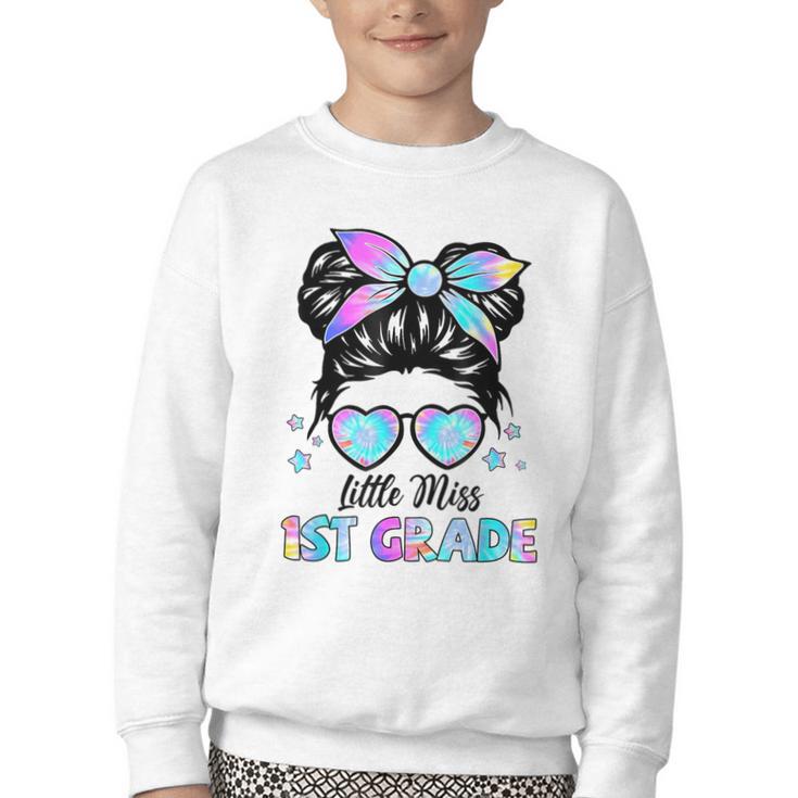 Little Miss 1st Grade Messy Bun Back To School Girls Kids Youth Crewneck Sweatshirt