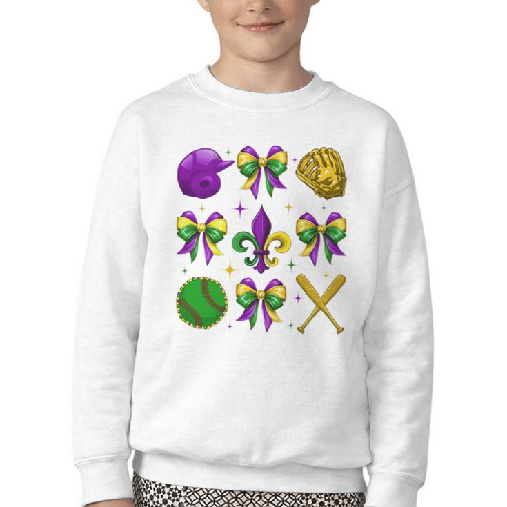 Mardi Gras Baseball Coquette Bow Fat Tuesday Parade Girls Youth Crewneck Sweatshirt