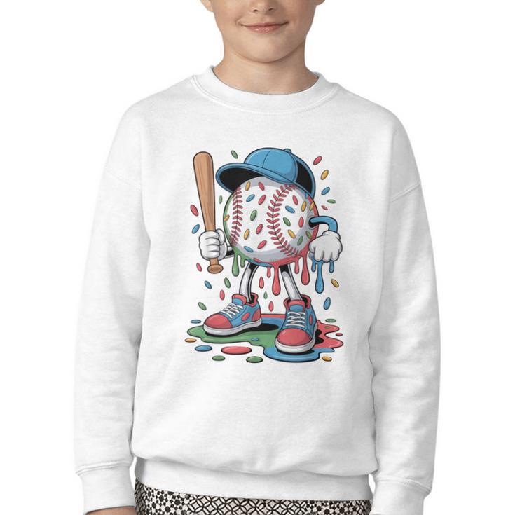 Melting Slime Sprinkle Baseball Mascot With Bat Youth Crewneck Sweatshirt