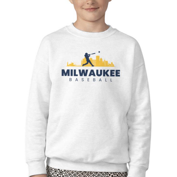 Milwaukee Baseball Minimalist City Skyline Baseball Lover Youth Crewneck Sweatshirt