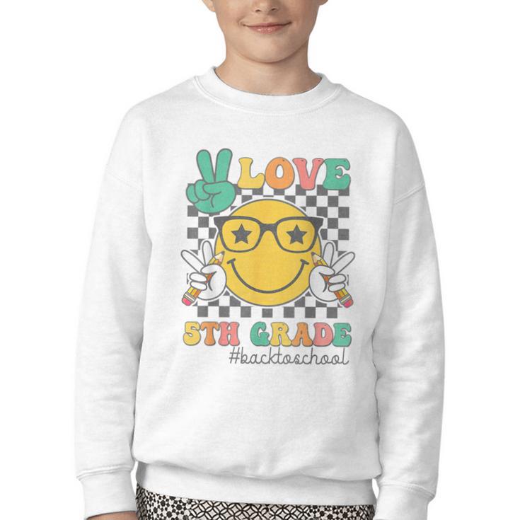 Peace Love 5th Grade Cute Smile Face Back To School Girls Youth Crewneck Sweatshirt