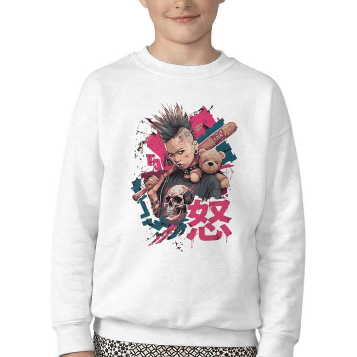 Punk Girl With Anger Kanji And Baseball Bat Youth Crewneck Sweatshirt