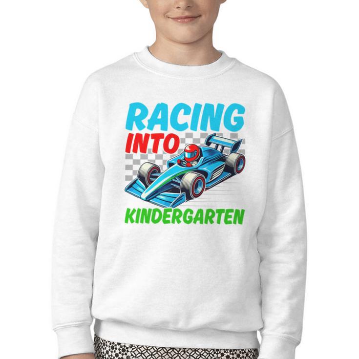 Racing Into Kindergarten Race Car Driver Back To School Performance Youth Crewneck Sweatshirt