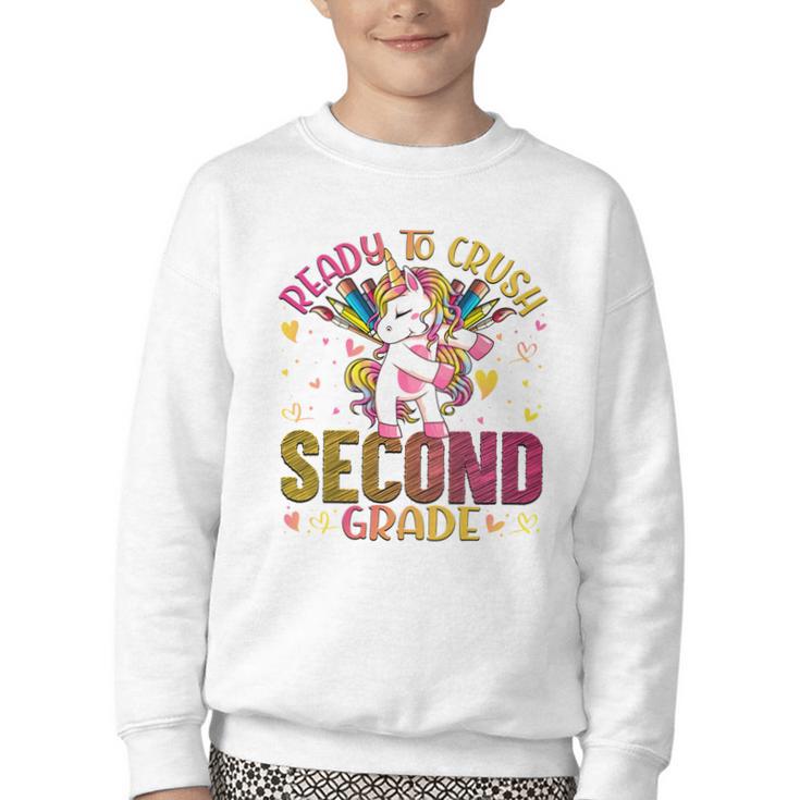 Ready To Crush Second 2nd Grade Back To School Unicorn Kids Performance Youth Crewneck Sweatshirt