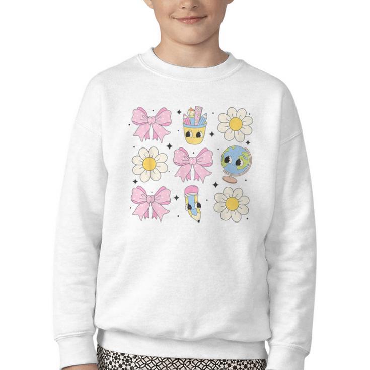 Retro Groovy Back To School Coquette First Day Of School Youth Crewneck Sweatshirt