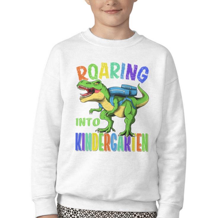 Roaring Into Kindergarten Dinosaur T Rex Back To School Boys Performance Youth Crewneck Sweatshirt