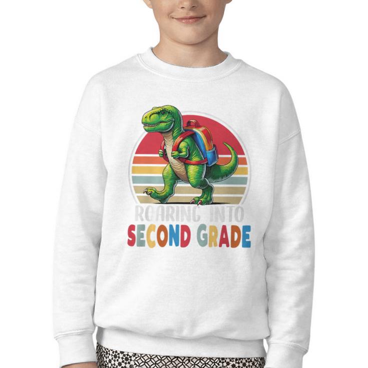 Roaring Into Second Grade T-Rex Back To School 2nd Grade Premium Tri-Blend Youth Crewneck Sweatshirt