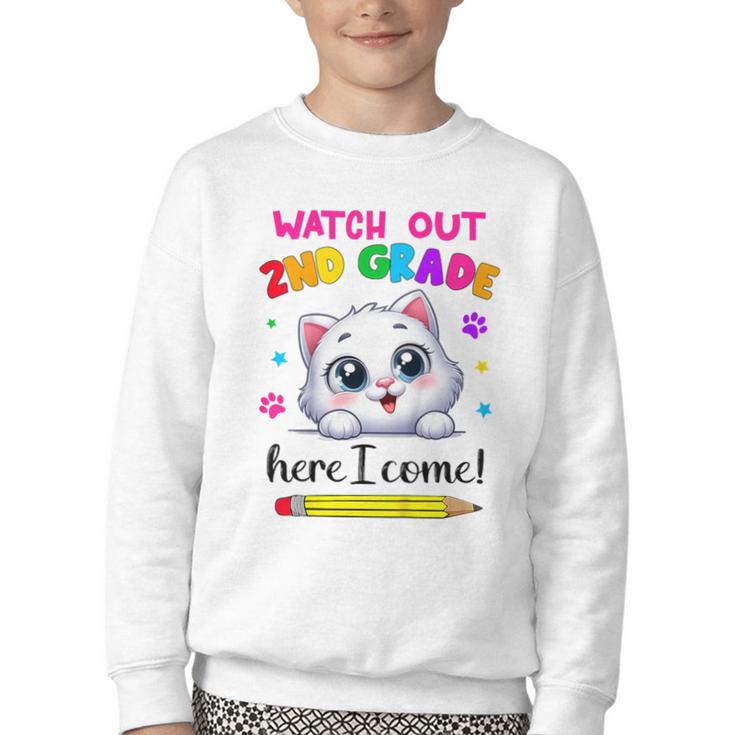 Watch Out 2nd Grade Here I Come Girls Cat Back To School Youth Crewneck Sweatshirt