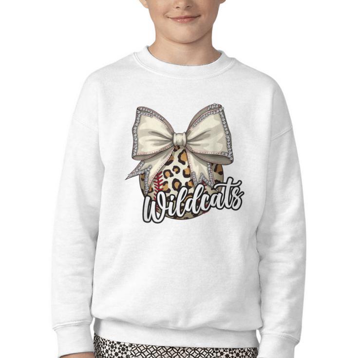 Wildcats Baseball Leopard Print Coquette Bow Mascot Game Day Youth Crewneck Sweatshirt