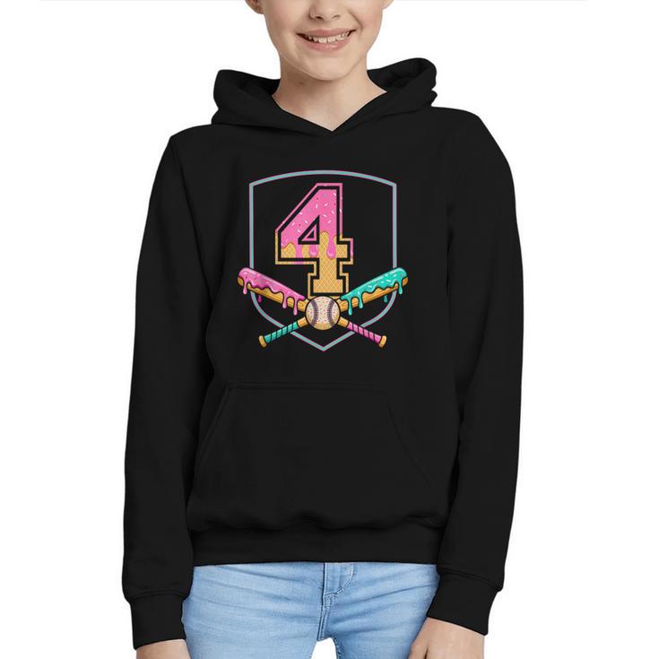 4th Birthday Baseball Bat Ice-Cream Drip 4yrs Old Boys Girls Graphic Youth Hoodie