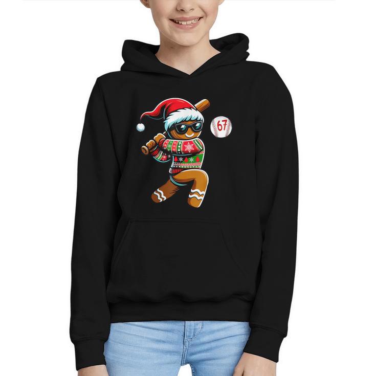 67 Gingerbread Man Playing Baseball Christmas 6 7 Meme Graphic Youth Hoodie