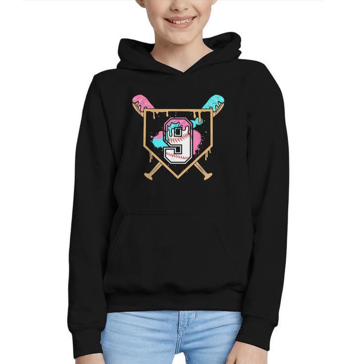 9th Birthday Baseball Bat Ice-Cream Drip 9yrs Old Boys Girls Graphic Youth Hoodie